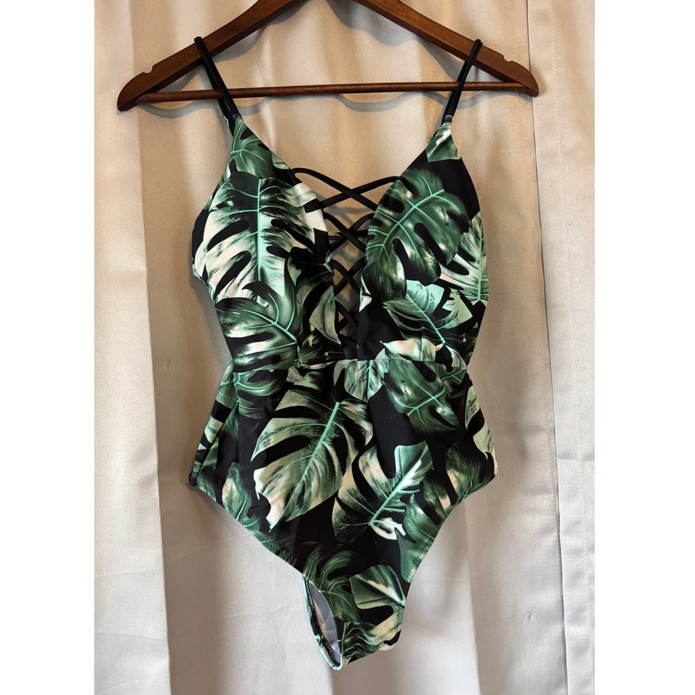 Tropical Monstera Leaf Print Lace Up One Piece Swimsuit Green Black Medium